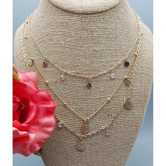 Ettika Layered Pendant Necklace in Gold Tone Saturn Chain Discs Crystals 15" Lon - Picture 3 of 9